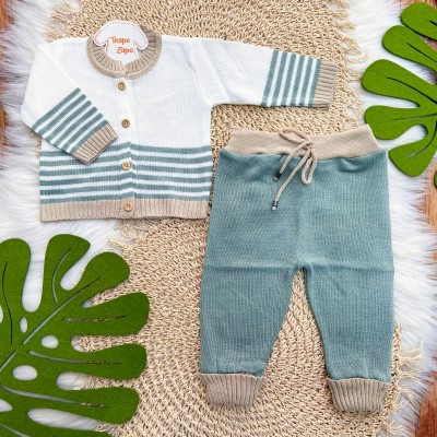 Conjunto de Linha Listras - Off White e Verde com Areia